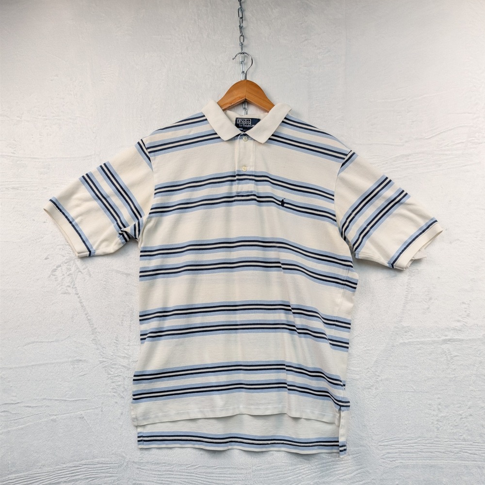 VTG Polo Ralph Lauren T-Shirt Men's XL Cream Blue Striped Preppy Embroidered 90s